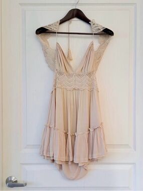 Lace-Trimmed Tan Mini Dress